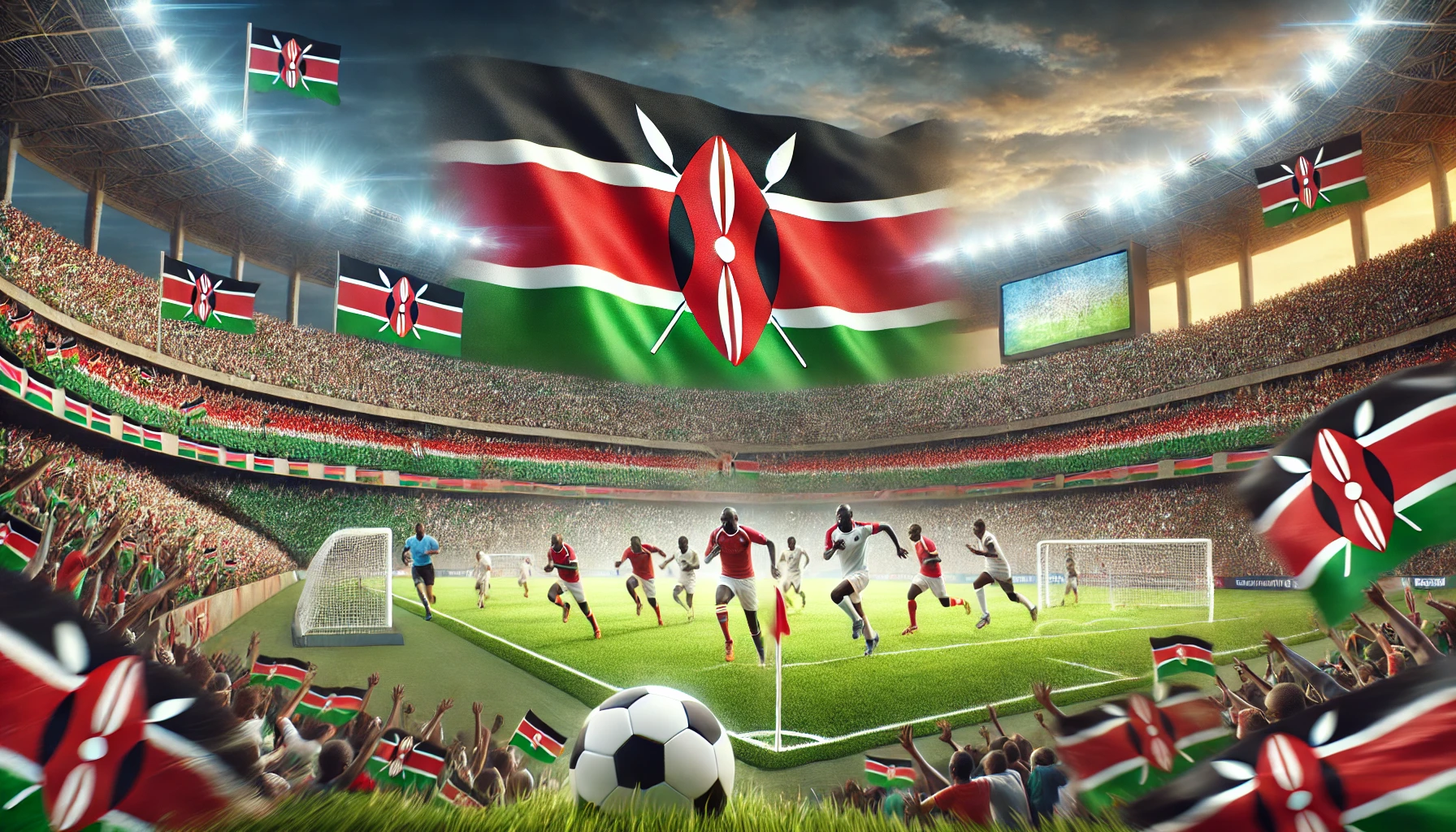 DALL·E 2024 10 15 16.40.20 A realistic and dynamic featured image representing Kenyas journey in the AFCON qualifiers. The image should include a football stadium filled with e